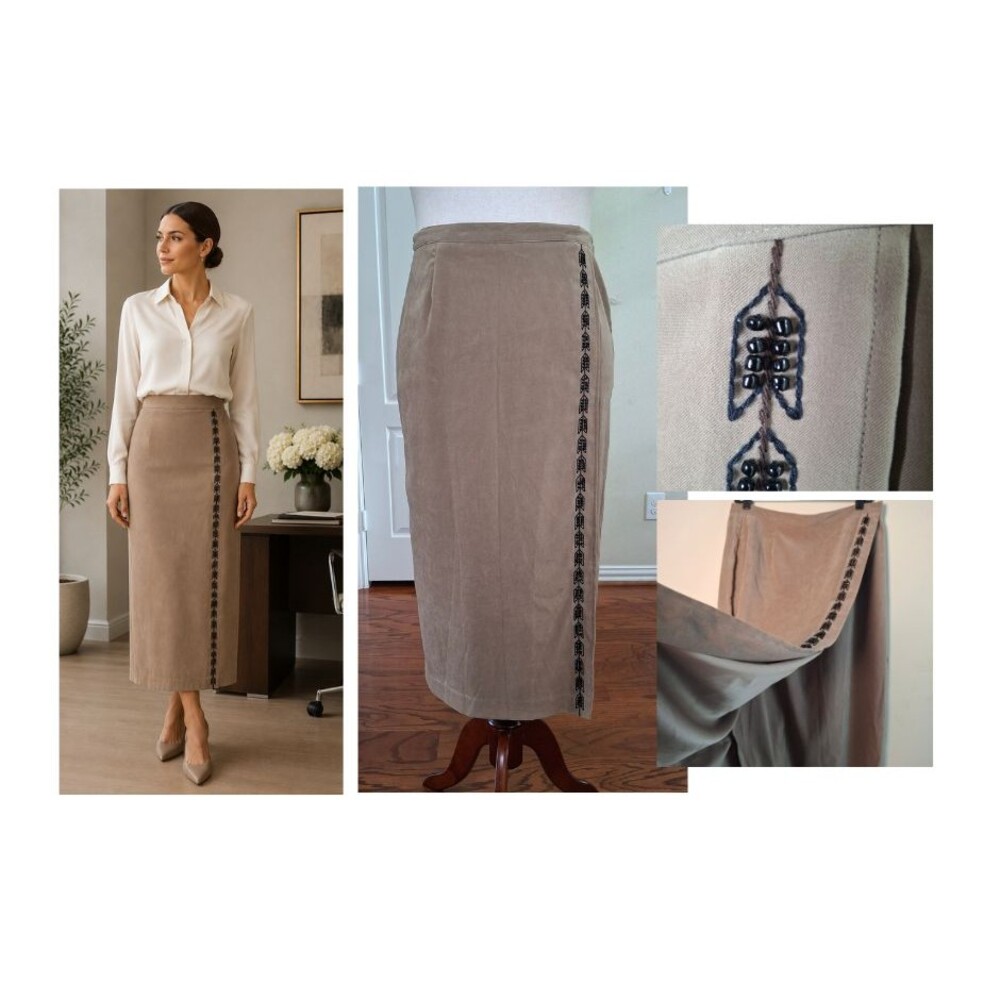 Stonebridge Faux Wrap Skirt Women 14P Midi Beaded Preppy Western Neutral Office